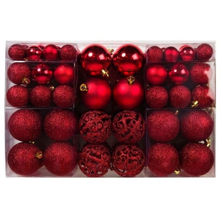 Комплект червени матови и блестящи коледни топки – 100 бр (3, 4 и 6 см