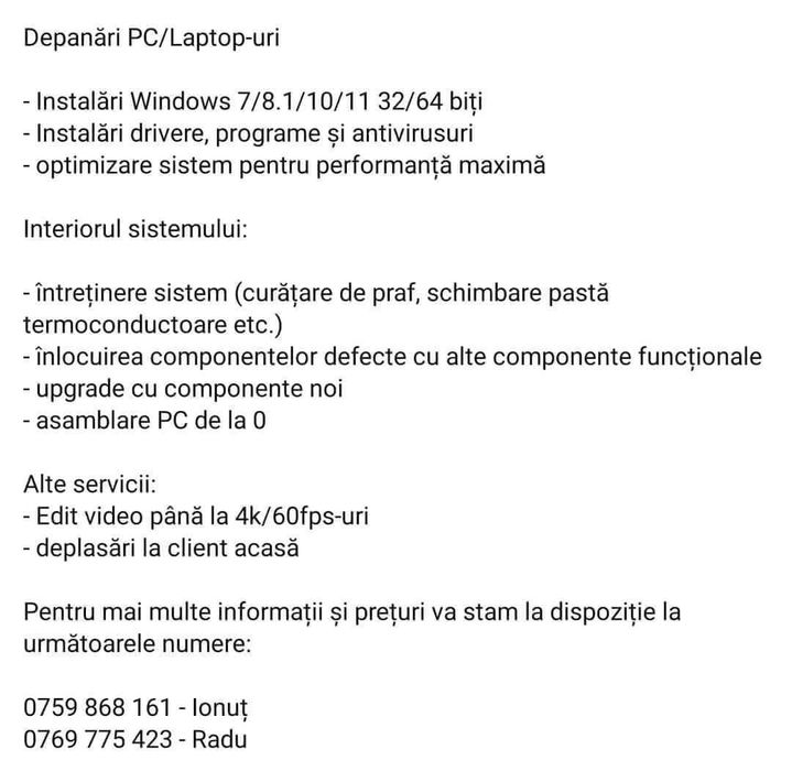 Reparații laptopuri pc instalez Windows 10  11 la preturi  modeste