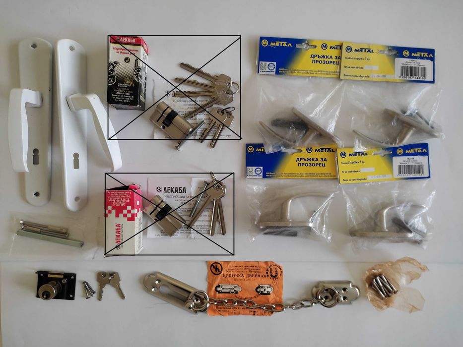 Дръжки за врата и прозорци, верига и ключалка за мебели