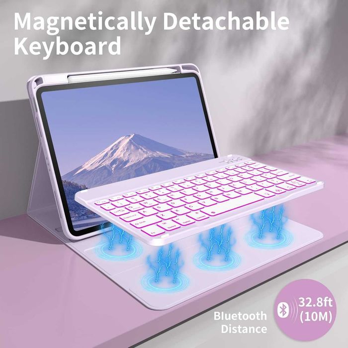 Калъф BQDIYOO с клавиатура за iPad 10 10,9 инча, 7 подсветка, лилав