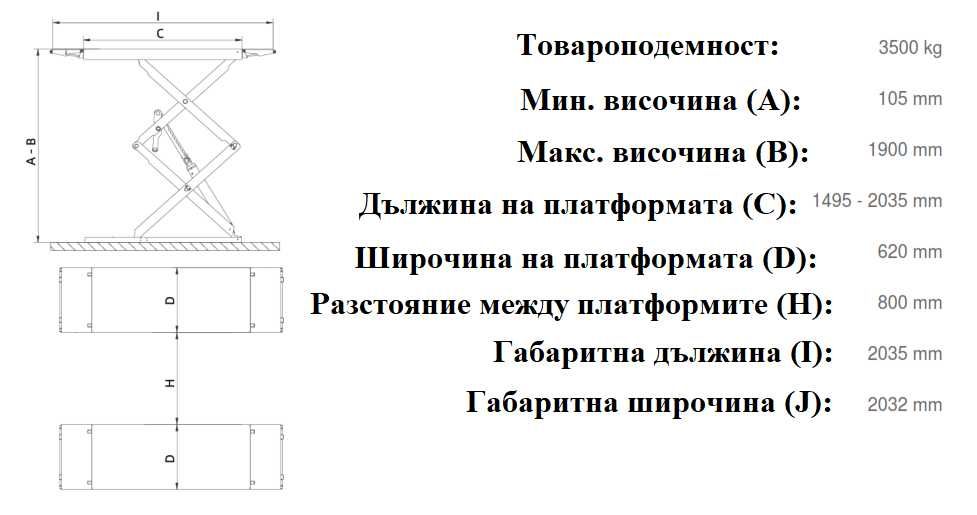 Нископрофилен ножичен подемник 3.5т БЕЗПЛАТНА ДОСТАВКА за град София и