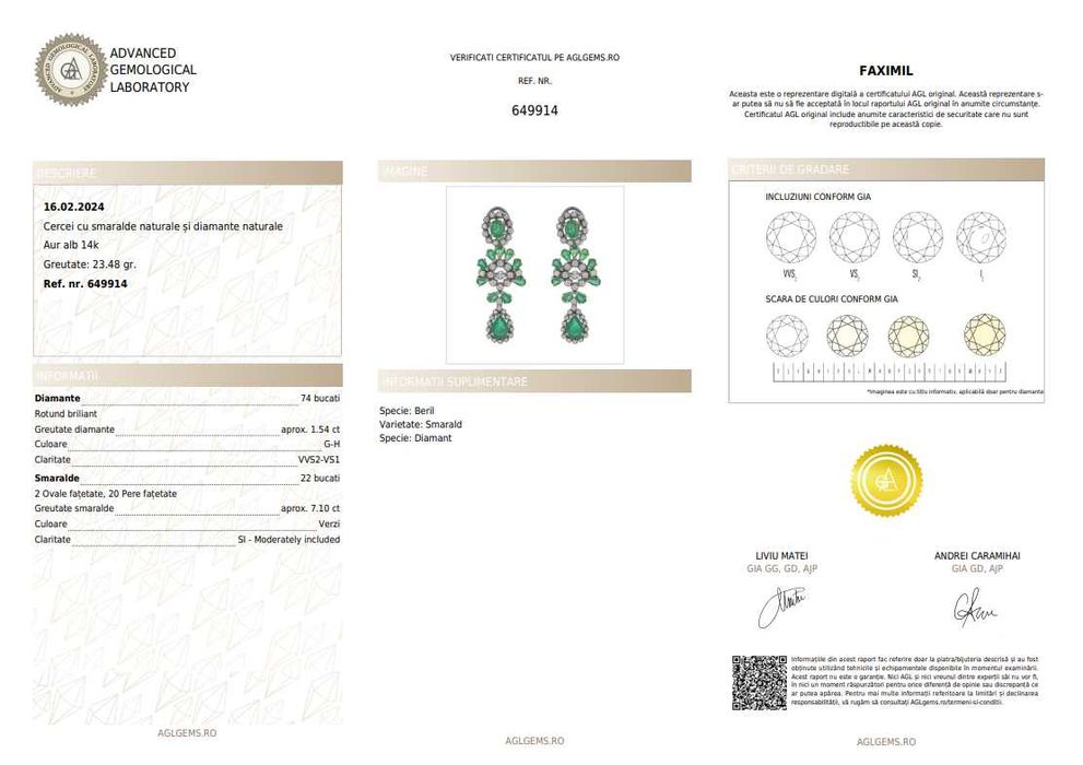 Pereche de cercei din aur alb, decorată cu smaralde și diamante