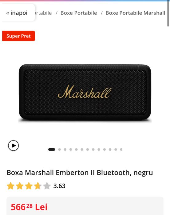 Boxa Marshall Emberton II Bluetooth, sigilata, transport inclus