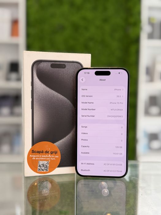 iPhone 15 Pro 128Gb Black/Baterie100%/Garantie 12 luni @atsgsm.ro