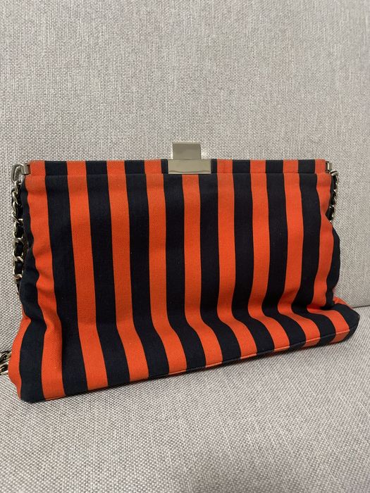 Geanta Musette, cu dungi portocalii si catarama aurie