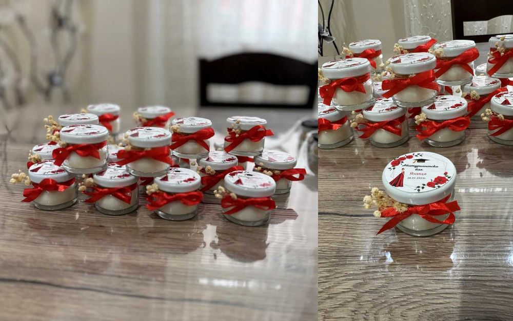 Подаръчета за гости за бал - бурканчета с мед или свещ за абитуриент