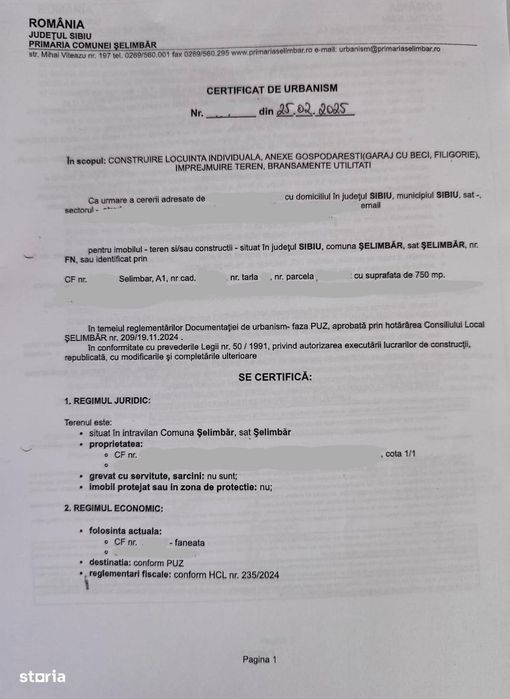 Teren intravilan - 750 mp, utilitati - Tineretului/Selimbar