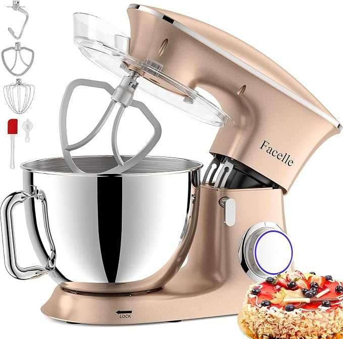 [REDUCERE-48%][GARANTIE 1 AN] Mixer cu bol robot de bucatarie Facelle 2000W Bol inox 8.5L 6 trepte Pulse 3 accesorii Champagner