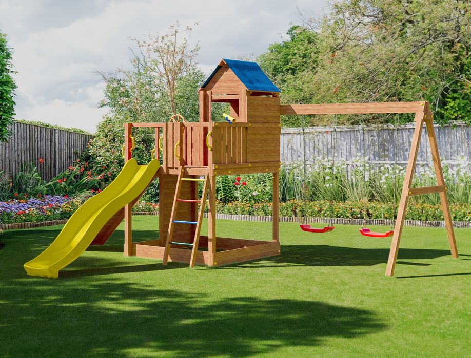 Fungoo TREEHOUSE дървена детска площадка с пързалка и люлки