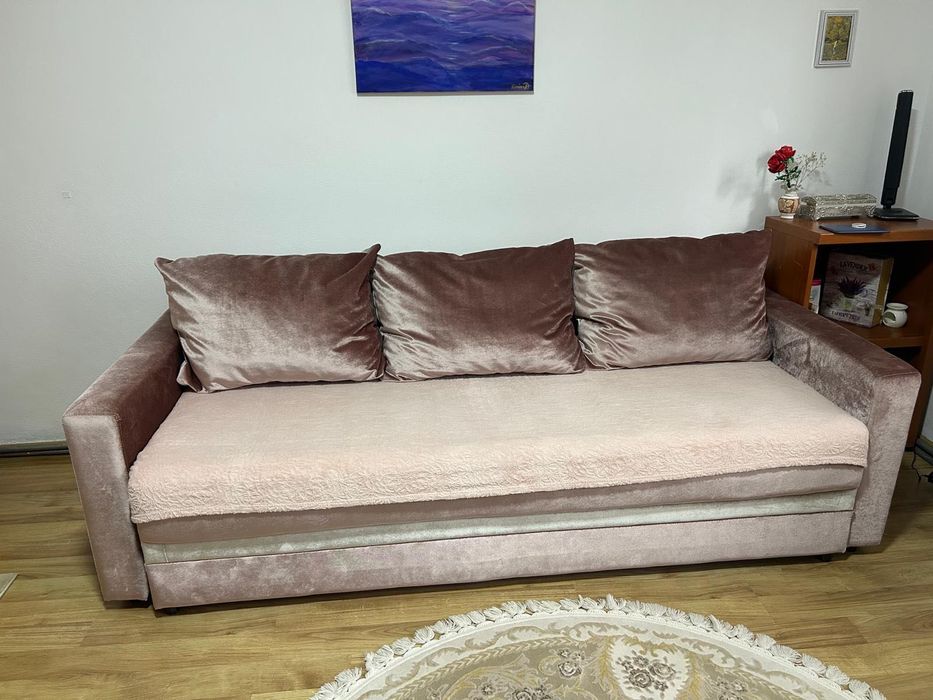 Canapea extensibilă, catifea roz cu alb– Stare excelentă