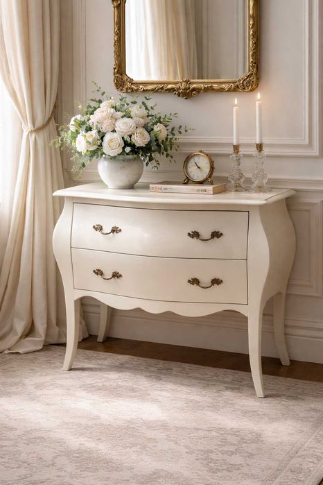 Comoda Vintage Alba din Lemn cu 2 sertare; Comoda Stil Shabby Chic