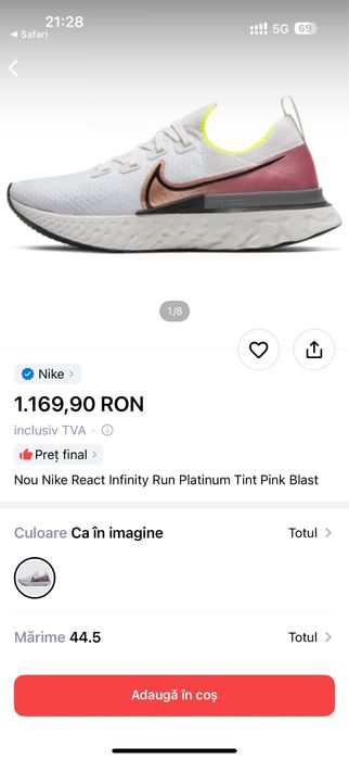 Nike React Infinity Run Platinum Tint Pink Blast 44,5 sau 28.5 cm
