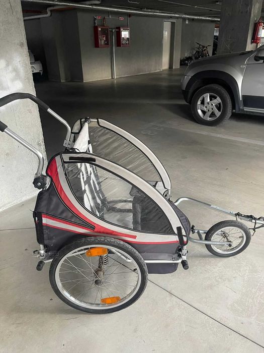 Remorcă bicicletă copii 2 locuri 2 în 1 transformabila in cărucior cu roată față