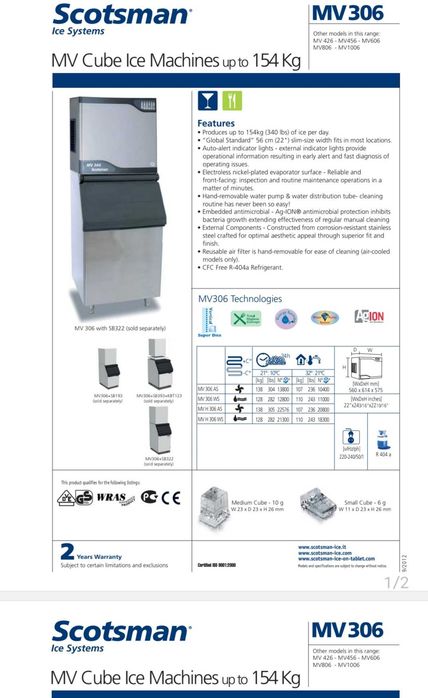Ледогенератор Scotsman Ice Machine MW 306  154кг/24ч