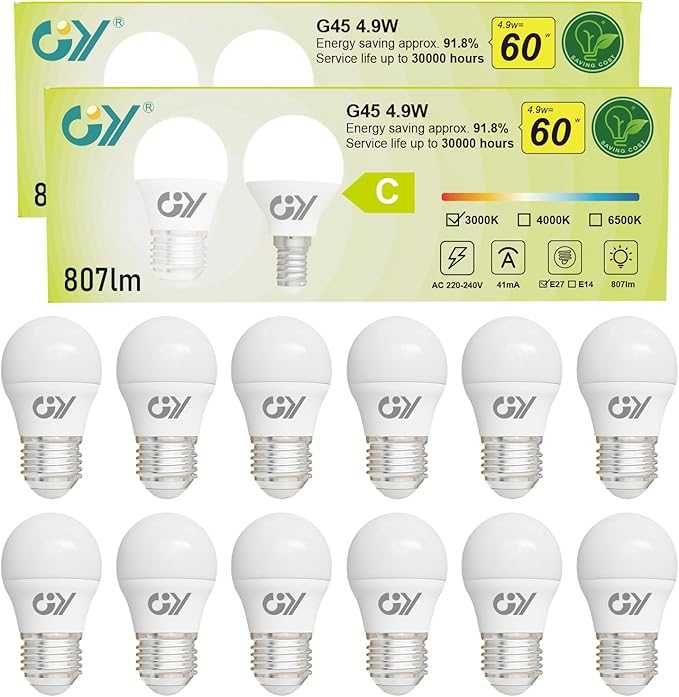 GY E27 LED крушка 4.9W еквивалент 60W, 807lmm 3000K топло бяло, 12броя