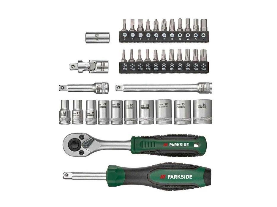 PARKSIDE комплект тресчотка,отвертка,удължител-1/4'' с вложки и битове-общо 38 части,гедоре