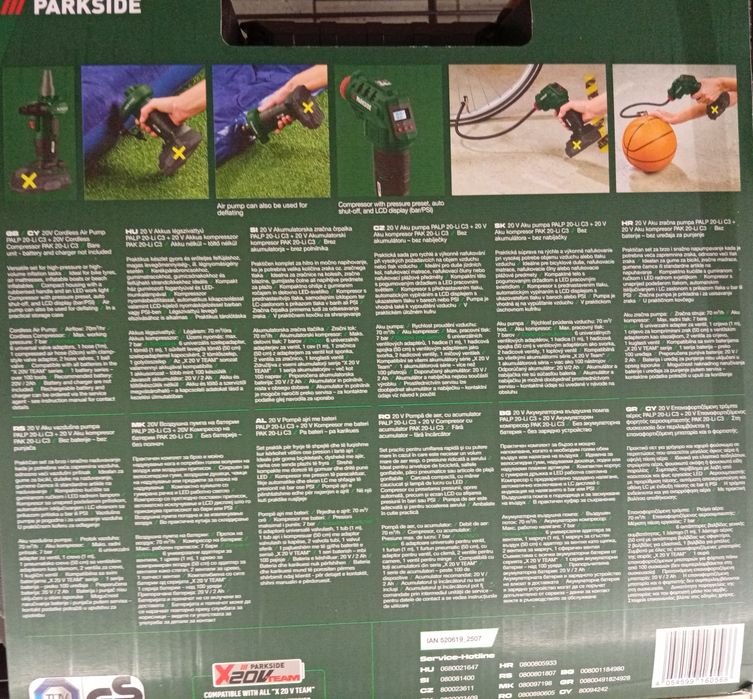 Compresor și pompa aer Parkside pe acumulator 20 V.