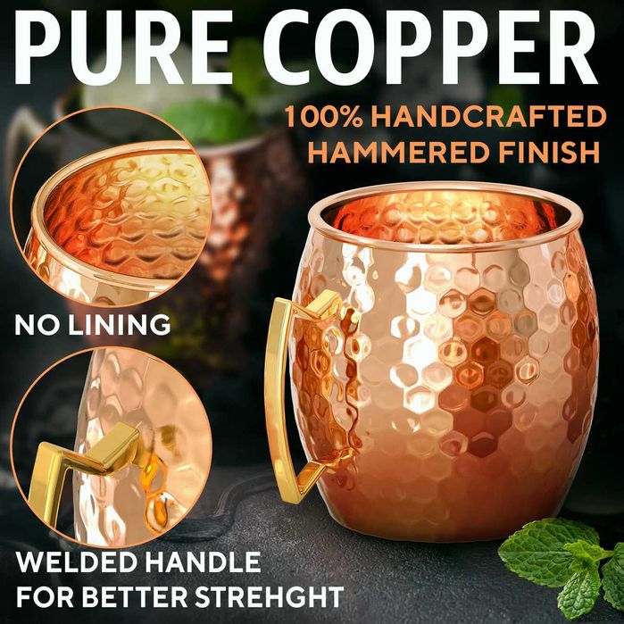 Нови медни чаши с дръжки, 100% чист мед, Moscow Mule, 2 броя в цената!