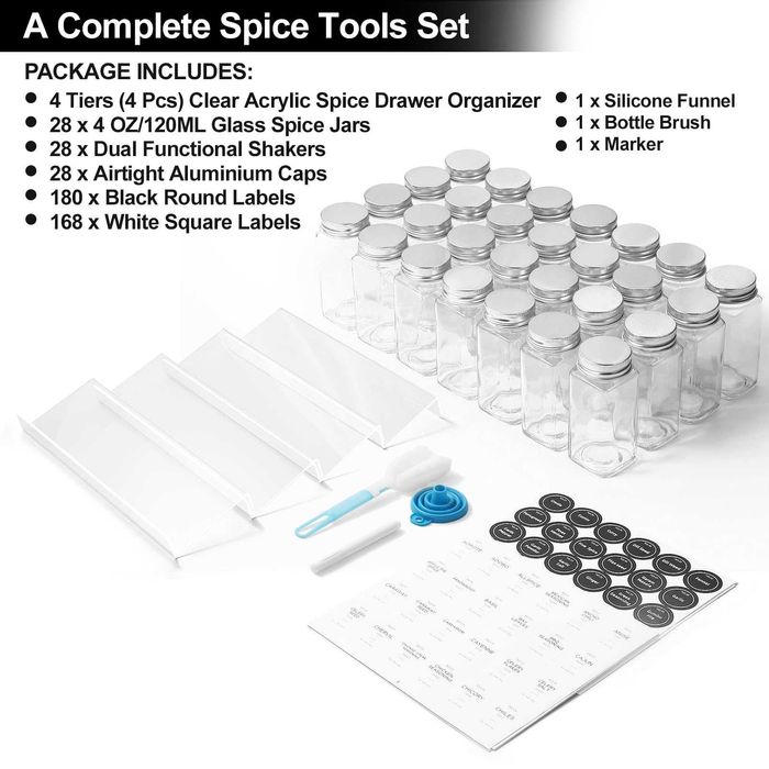 Органайзер за подправки с 28 буркана поставки за чекмедже етикети