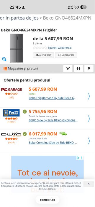 Frigider Side by Side Beko GNO46624MXPN, 466 l, 4 usi, Alarma usa deschisa, Afisaj digital, Iluminare LED, Maner integrat, Clasa C