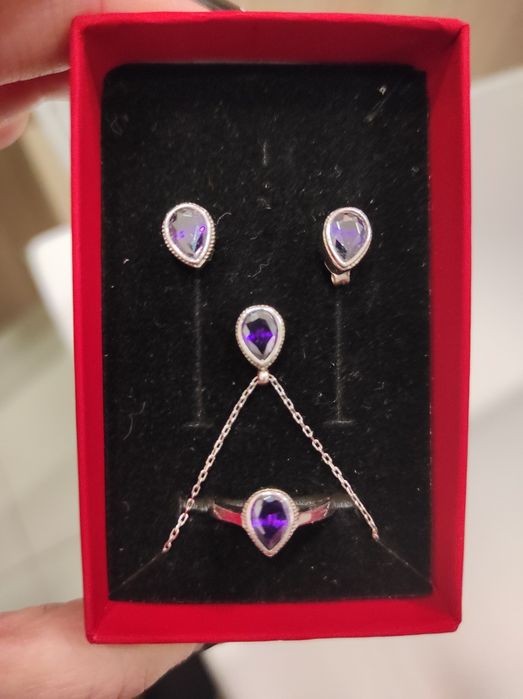 Set argint cu ametist cercei pandant lant inel reglabil