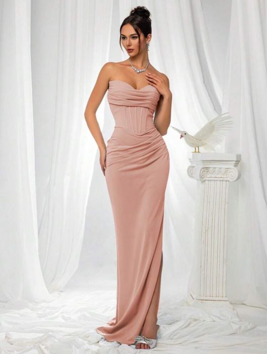 Чисто нова Елегантна, официална, дълга розова рокля с цепка, размер L  Л, за бал или гост на сватба