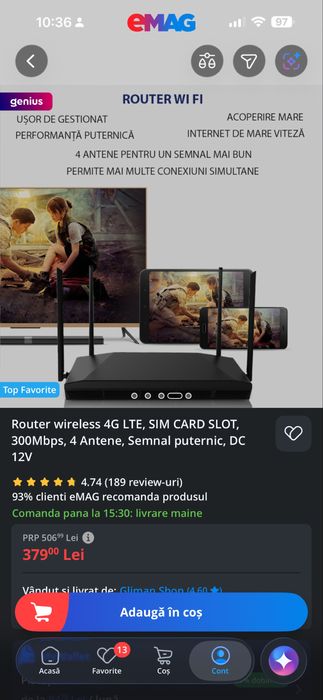 Router 4G LTE cu SIM, 300 Mbps, 4 antene – ca nou