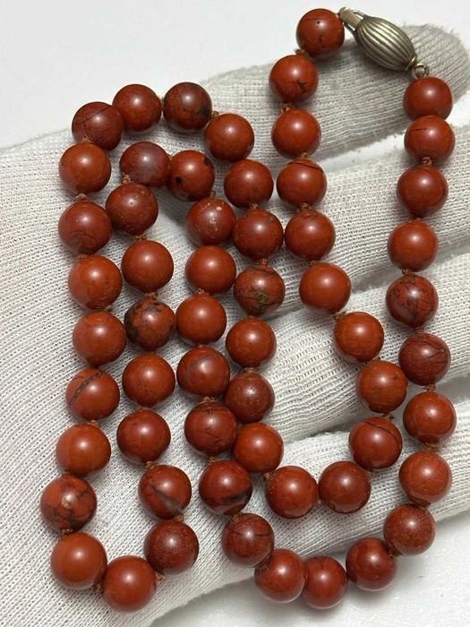 COLIER JASP ROSU Natural + ARGINT 925 - Bile mari slefuite - Vintage !