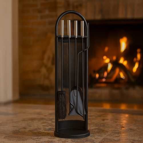 Комплект луксозни аксесоари за камина и печка на дърва-5в1 със стойка