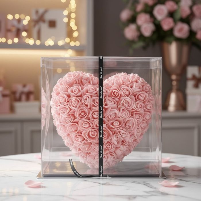 Декоративно сърце от изкуствени рози в подаръчна кутия