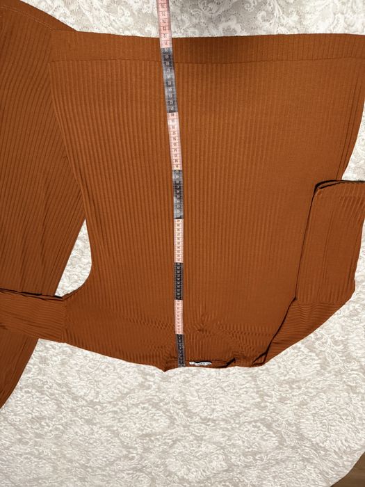 Compleu dama caramiziu casual elegant bluza si pantaloni evazati