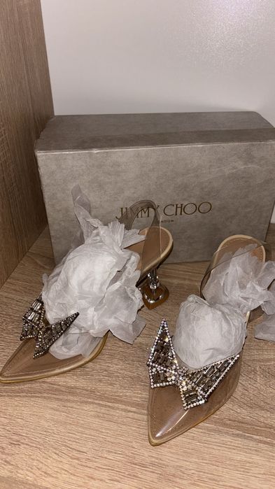 Pantofi cu toc transparenți cu fluture cristal