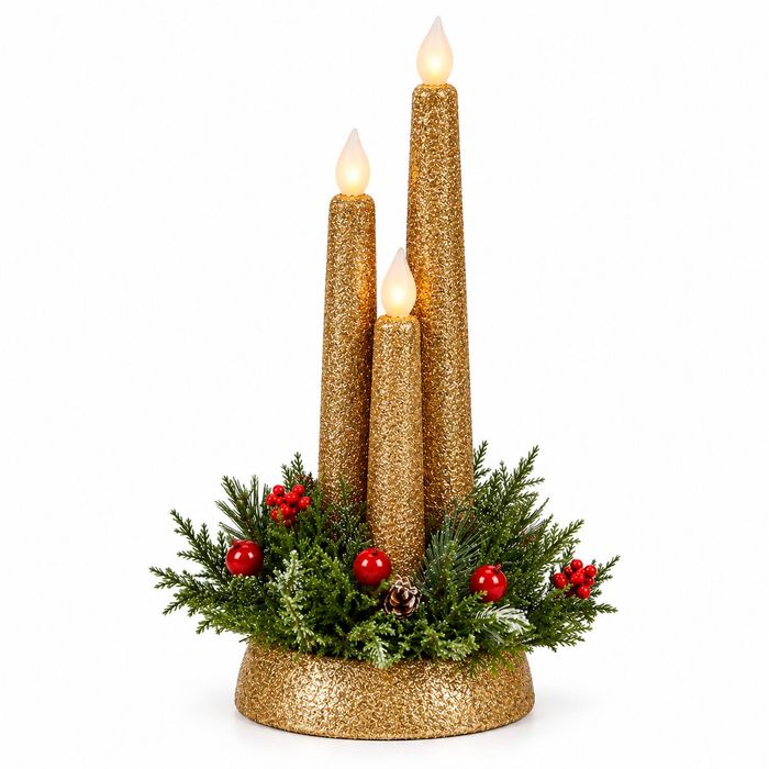 Коледна композиция Evergreen Glow с три LED свещи – цвят Златен