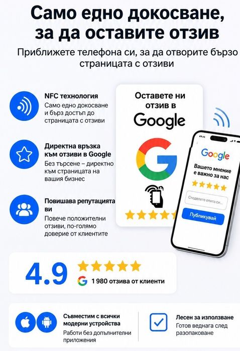 NFC стикер за Google отзиви – повече отзиви само с едно докосване!