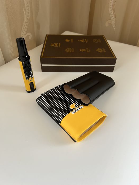 Cohiba комплект за пури – кожен калъф за 3 пури + запалка