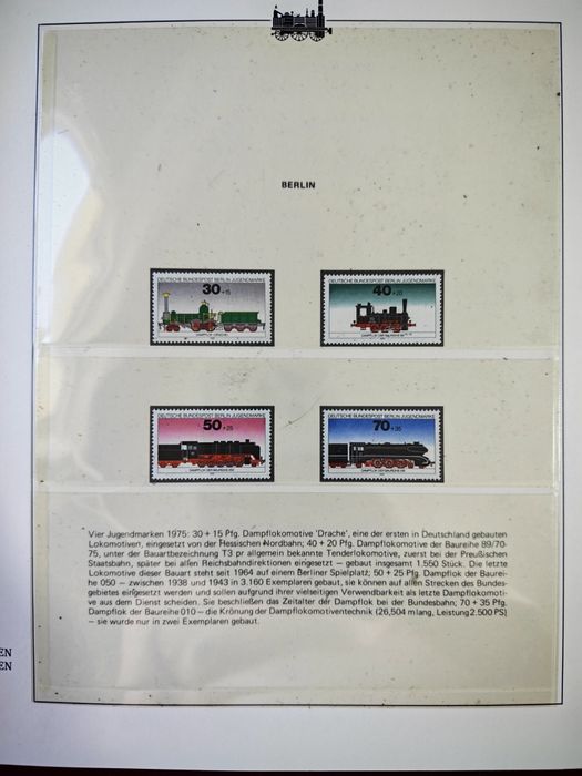 Album filatelic complet „Cele mai impresionante căi ferate ale lumii” – 10 pagini, locomotive și timbre