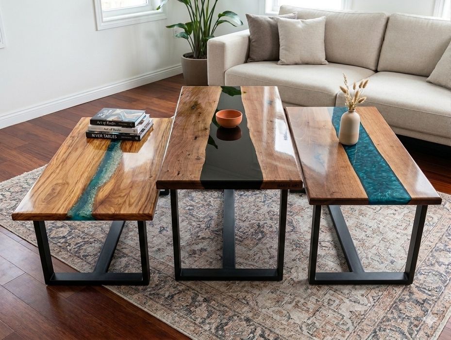 Măsuță cafea UNICAT - Lemn Masiv Nuc/Stejar și Rășină