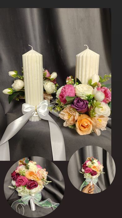 Set de 2 lumânări de cununie și buchet de mireasa