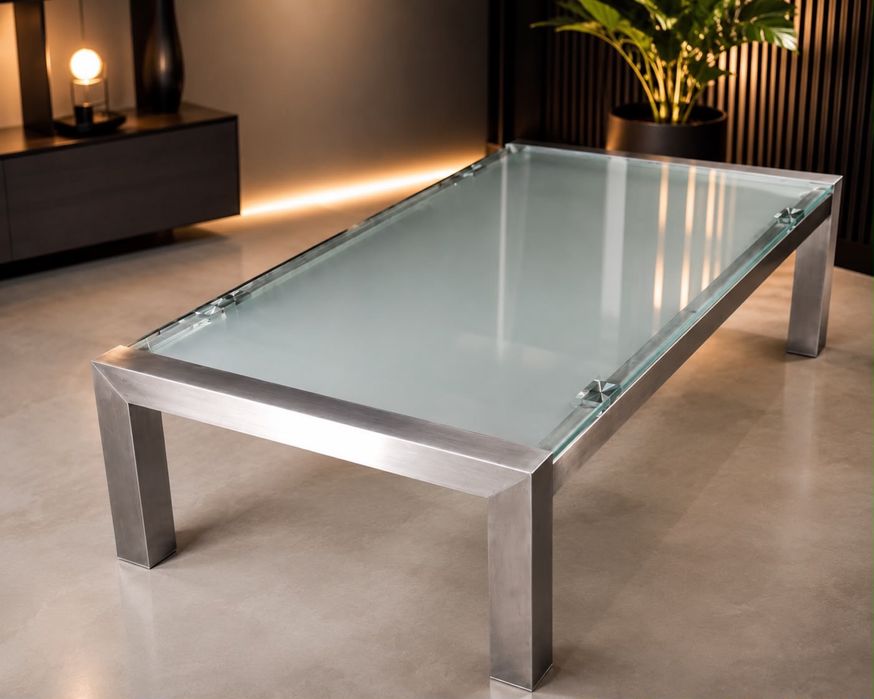 Masa sticla living cu cadru de inox
