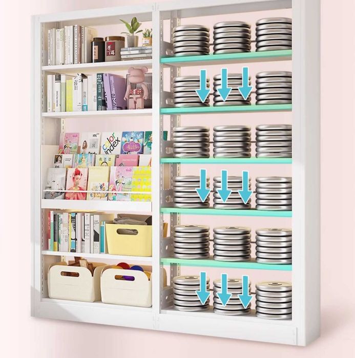 Нержавойка металл китоб жавони баланд ва мустаҳкам токчалар билан