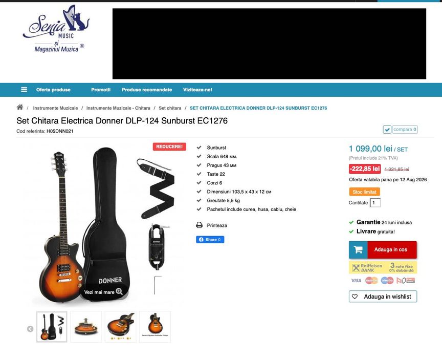 Chitara electrica single cut (tip Les Paul) Donner, Sunburst, noua - set cu husa si curea