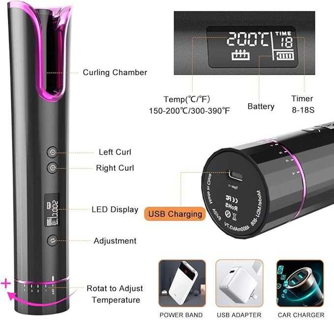 Акумулаторна автоматична маша за коса THCL с 6 температурни таймера