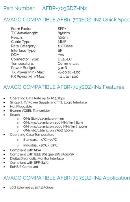 Modul Optic  Intel Avago 10G LC MMF 300m  AFBR-703SDZ-IN2 SFP+