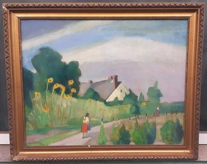 Tablou vechi - peisaj rural - semnat Berky Irma