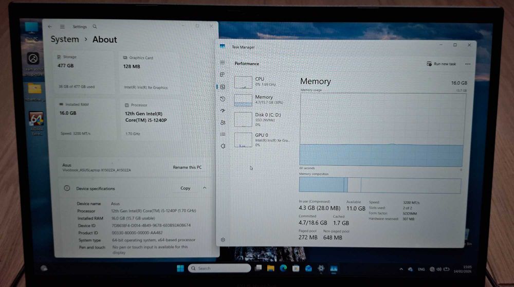 15.6' IPS Asus Intel Core i5-1240P 16-ядрен/16GB/512GB SSD/Intel Iris