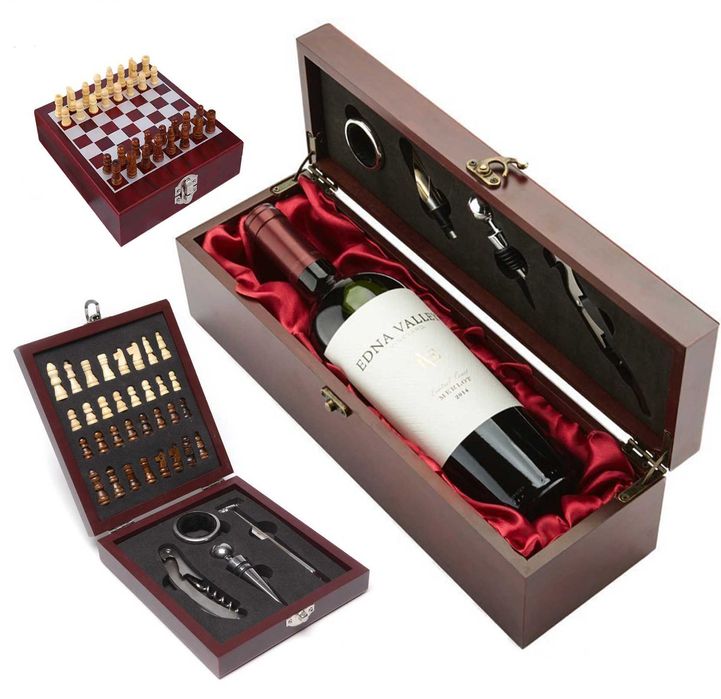 НОВА Луксозна дървена КУТИЯ ЗА ВИНО с 4 аксесоара. СЕТ ЗА ВИНО и ШАХ