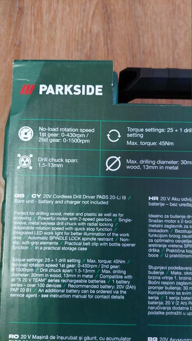 Maşină de înşurubat şi găurit, cuplu 45 nM,25+1 trepte,20 V, Nou!