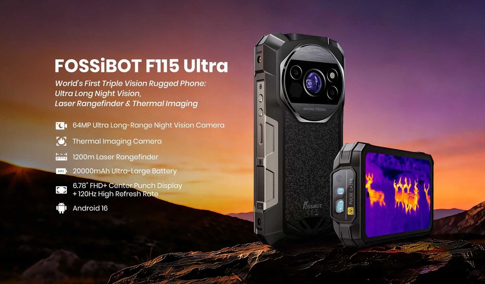 Fossibot F115 Ultra 5G AI - 12GB+24GB/256GB, 20000mAh, 50MP + Thermal camera + Laser Rangefinder + Night Vision, защита IP68/IP69K/MIL-STD810