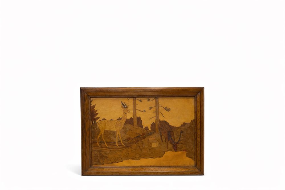 Винтидж дървена маркетерия картина елени Западна Европа 1950-те