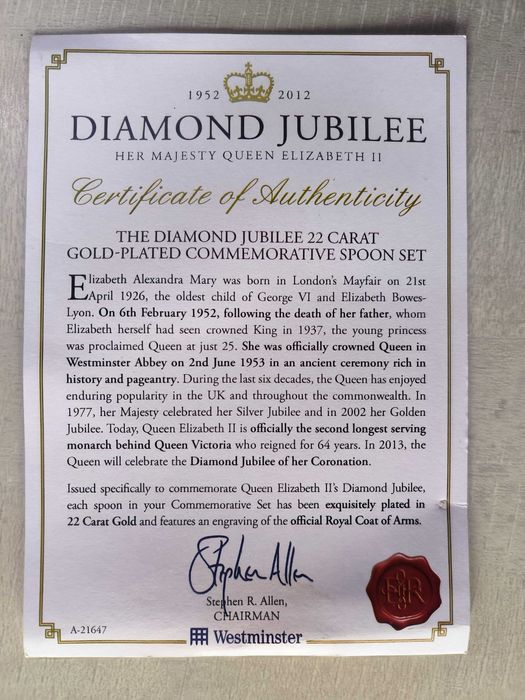 Комплект 4 позлатени-22 карата злато лъжички за кафе/чай, 1952-2012 г.